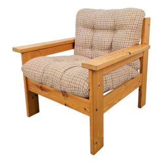 Vintage Brutalist Armchair in Pine and Fabric, 1970s For Sale