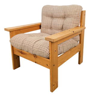 Vintage Brutalist Armchair in Pine and Fabric, 1970s