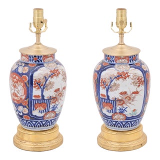 Early 20th Century Imari Porcelain Lamp on Stacked Gilded Bases - a Pair For Sale