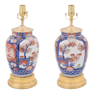 Early 20th Century Imari Porcelain Lamp on Stacked Gilded Bases - a Pair