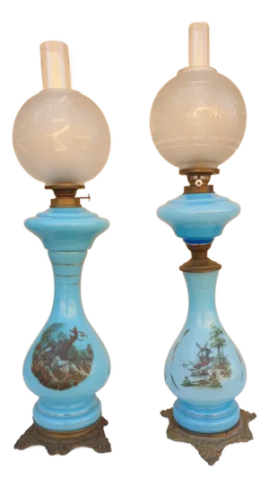 Antique Blue Opaline Oil Lamps, France, 19th Century, Set of 2
