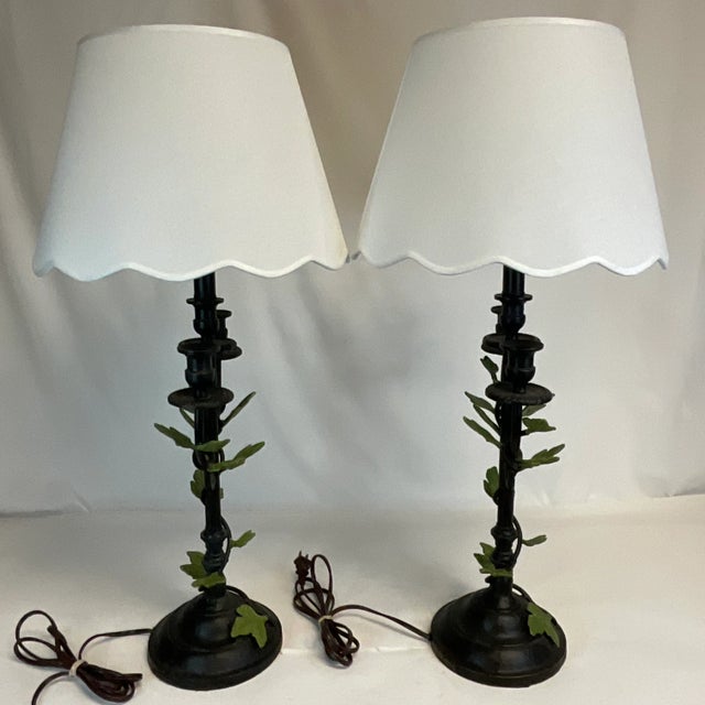 1985 Vintage Maitland-Smith French Bouillotte Style Cast Iron Table Lamp With Leaves - A Pair, Attributed, Artist Signed For Sale - Image 12 of 12