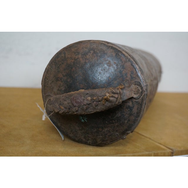 Brown Antique Large Primitive Iron Camel Bell With Leather Handle For Sale - Image 8 of 11