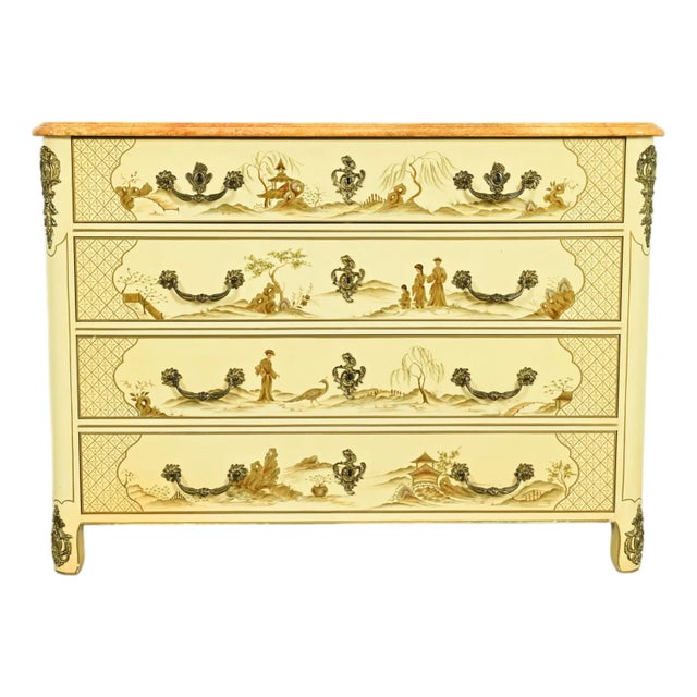 Baker Furniture Style French Regency Louis XVI Chinoiserie Cream Lacquered Dresser Chest For Sale