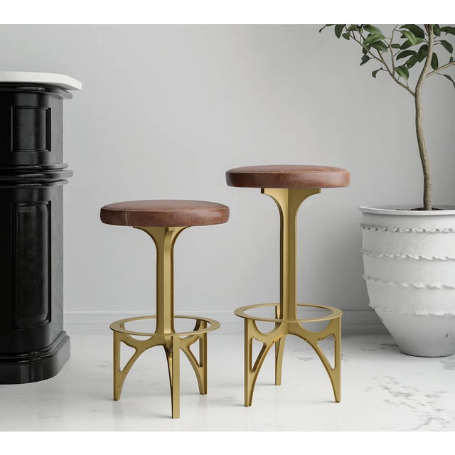 Contemporary Matthew Izzo Home Ersa Brass Finish and Leather Barstool For Sale - Image 3 of 5