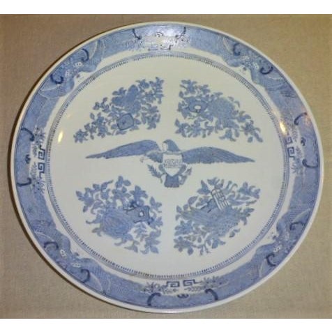 Large Vintage Chinese Porcelain Americana Theme Blue & White Shallow Bowl For Sale - Image 10 of 10