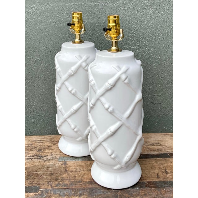 Vintage Bamboo Trellis Glazed Ceramic Lamps For Sale - Image 10 of 12
