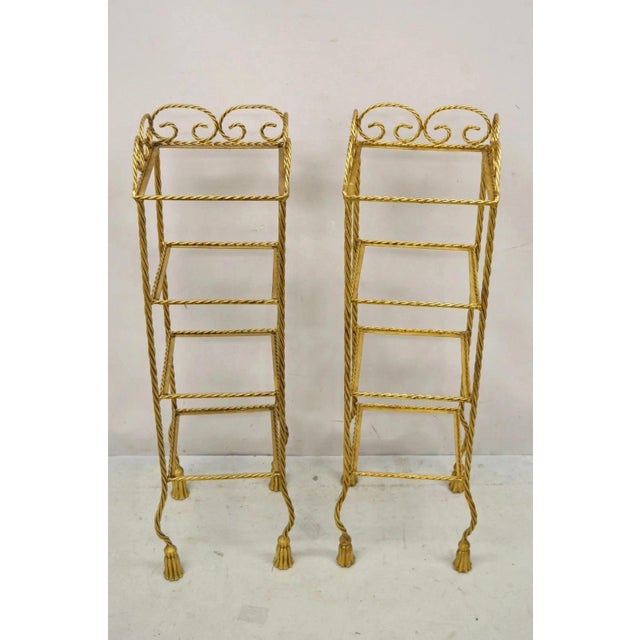 Italian Hollywood Regency Rope Tassel Gold 4 Tier Iron Etagere Shelf - A Pair For Sale - Image 10 of 10
