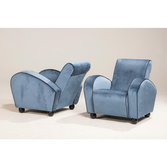 Textile Set of Art Deco Blue Velvet Armchairs, 1940s For Sale - Image 7 of 18