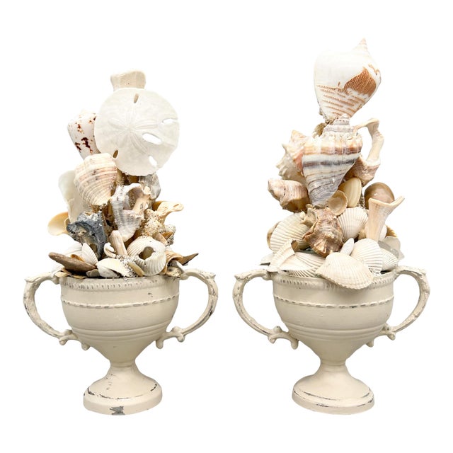 Pair of Coastal Shell Topiary Urn Topiary Sculptures by Artist – Coastal / Organic Modern For Sale