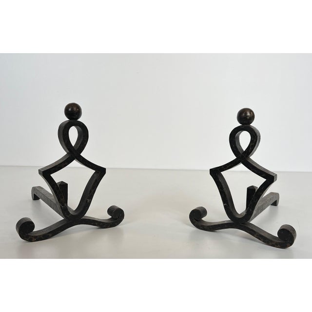 Mid-Century Modern Pair of modernist wrought iron andirons. French work. Circa 1940 For Sale - Image 3 of 12