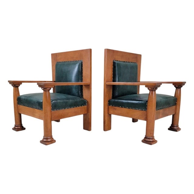Green Antique Mission Arts & Crafts Chairs in Hunter Green Leather - Pair For Sale - Image 8 of 11