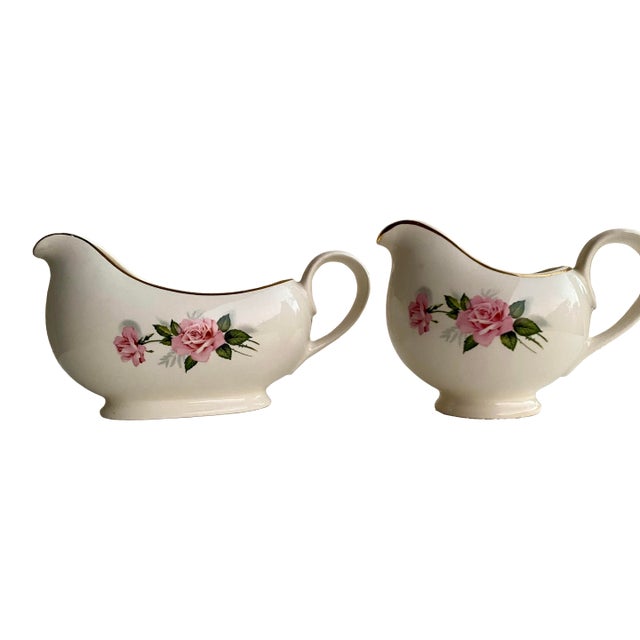 Vintage Rose Porcelain Gravy Boats – Pair– Gold Rim – Cottagecore Floral Serveware For Sale