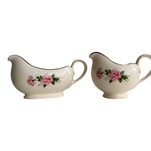 Vintage Rose Porcelain Gravy Boats – Pair– Gold Rim – Cottagecore Floral Serveware