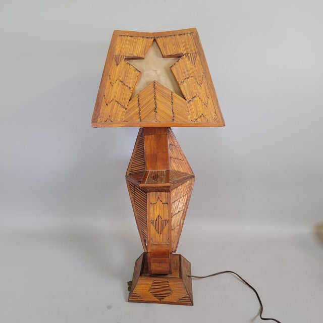 Tramp Art American Folk Art Matchstick Table Lamp With Star Motif For Sale - Image 9 of 9