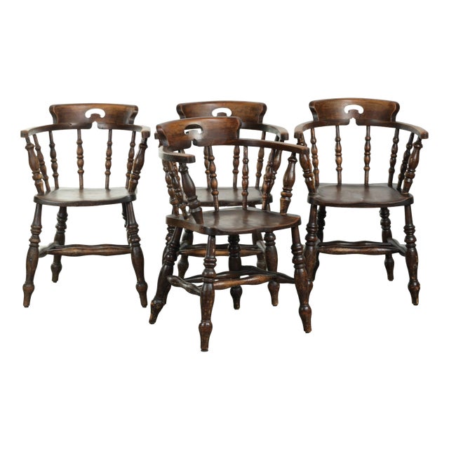 Antique English Wooden Captain Chairs, Late 19th Century, Set of 4 For Sale