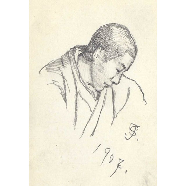 Drawing of a man in traditional dress by a Japanese artist. Some pages are signed by the artist Shirosu and dated, this...