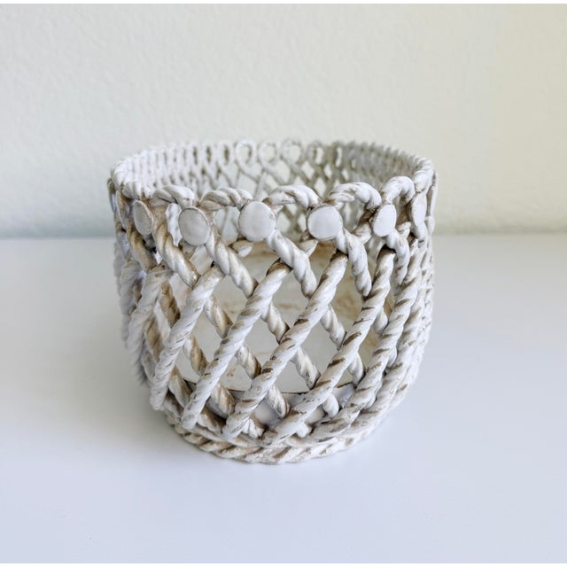 Ceramic 1950s Rare Italian Creamware Oval Ceramic Rope Basket For Sale - Image 7 of 14