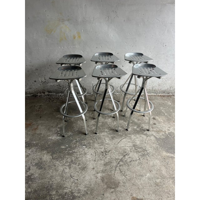 Silver Industrial Aluminium Bar Stools, Set of 6 For Sale - Image 8 of 8