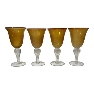 1980s Vintage Arts & Crafts Handblown Amber Controlled Bubble Glass Wine Goblets - Set of 4 For Sale