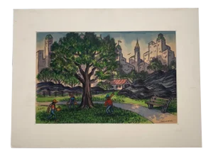 Mid 20th Century "Baseball in Central Park" Figurative Landscape Painting by James Russell Sherman