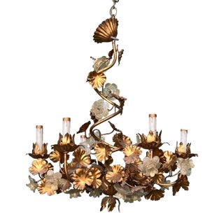 1960s Hollywood Regency Gilt Metal and Glass Roses Chandelier, Italy For Sale