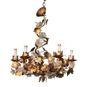 1960s Hollywood Regency Gilt Metal and Glass Roses Chandelier, Italy