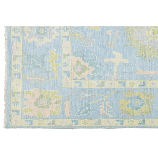 Textile Modern Oushak Style Hand-Knotted Wool Area Rug - Powder Blue & Citron Floral For Sale - Image 7 of 10