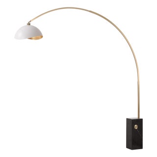 Iconic 95" Arc Floor Lamp - Mid-Century Modern, Brass, Marble Base, White/Gold Shade For Sale