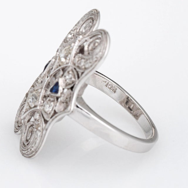 Metal Vintage Art Deco Diamond Sapphire Ring 14k White Gold Filigree 6 Dinner Jewellery size 6 For Sale - Image 7 of 7