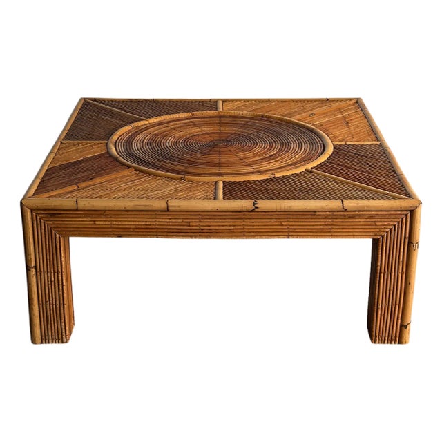 Vintage Monumental Rattan Sunburst Coffee Table Attributed to Vivai Del Sud, C. 1970s For Sale