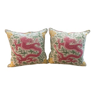 House of Scalamandre “Le Chien” Dragon Print Pink and Green Large Size Down Pillows- a Pair For Sale