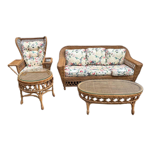 Late 20th Century Vintage Henry Link Furniture Wicker Sofa and Lounge Chair With Floral Cushions, Smithsonian Collection - Set of 4