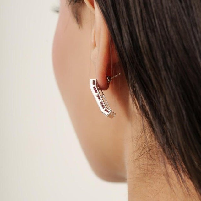 Metal Art Deco Style Multi-Row Square Ruby Diamond Panel Silver Stud Earrings- A Pair For Sale - Image 7 of 11