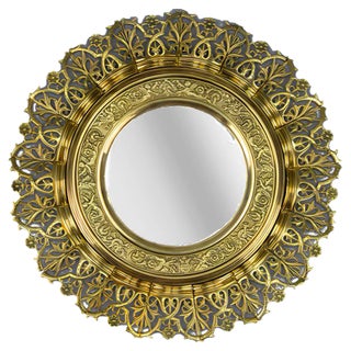 Antique Round Bronze and Brass Mirror in Sunburst Shape For Sale