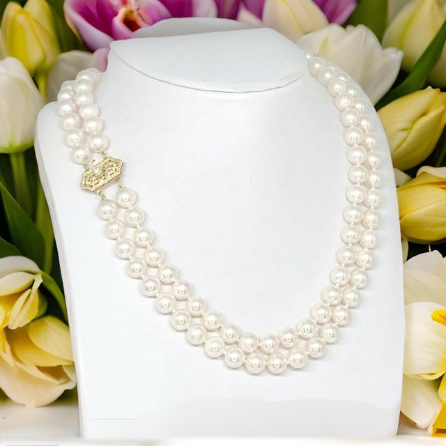 Fine Quality Double Strand 8 mm Japanese Akoya Pearl Diamond Necklace 14k Gold Certified $9,750 010933 This is a Unique...