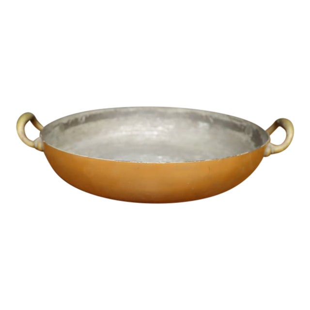 Antique Copper Gratin / Sauté Pan With Brass Handles For Sale