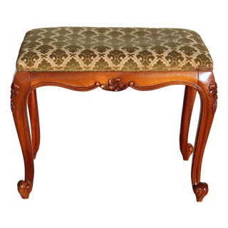 Vintage French-Style Upholstered Vanity Bench / Footstool With Carved Wood Legs For Sale