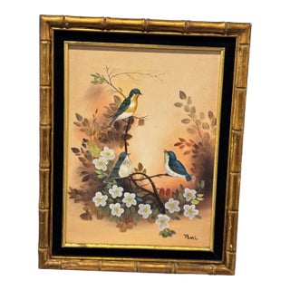 The Selected Artwork Is a Vintage "Birds on Dogwood" Metallic Gold Foil Lithograph Print Signed "Pearl" by Artist William J. Whiteside. For Sale