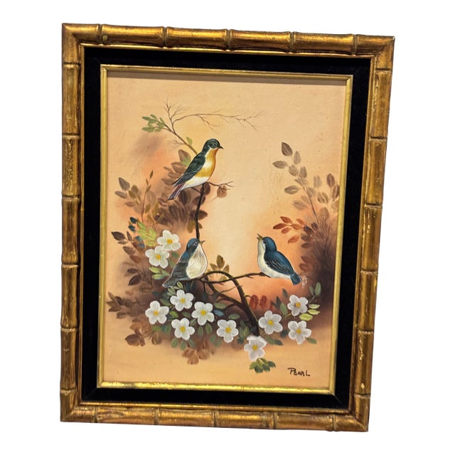 The Selected Artwork Is a Vintage "Birds on Dogwood" Metallic Gold Foil Lithograph Print Signed "Pearl" by Artist William J. Whiteside. For Sale