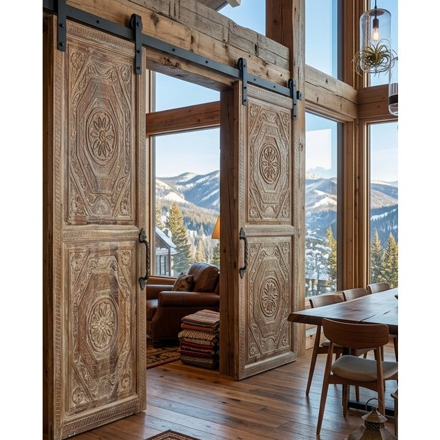 Carved Entry Doors | Rustic Modern Reclaimed Wood Barn Doors 96x36 For Sale - Image 4 of 6