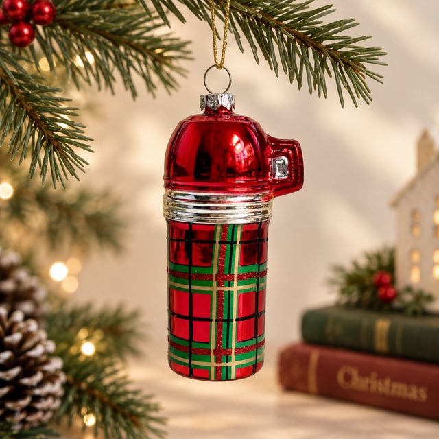 Mid-Century Modern Retro Plaid Thermos Glass Christmas Ornament For Sale - Image 3 of 8