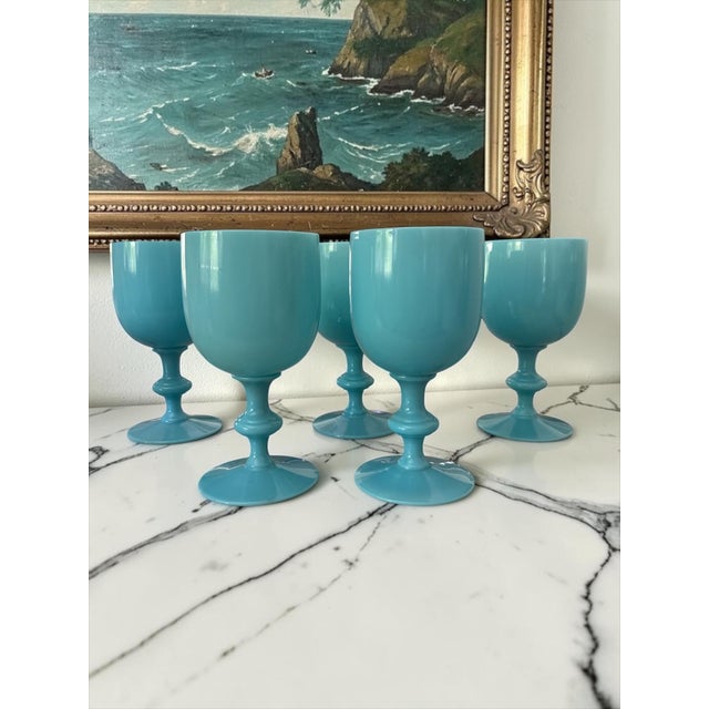 A rare and increasingly collectible set of five French opaline glass goblets by Portieux Vallerysthal, celebrated for...