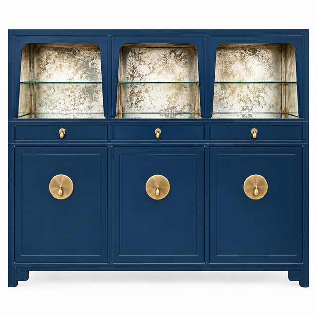 This is a Michael Taylor for Baker Furniture modern Ming style navy lacquered bar cabinet or credenza. The top interior...