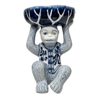 Vintage Blue White Floral Chinoiserie Monkey Bowl For Sale