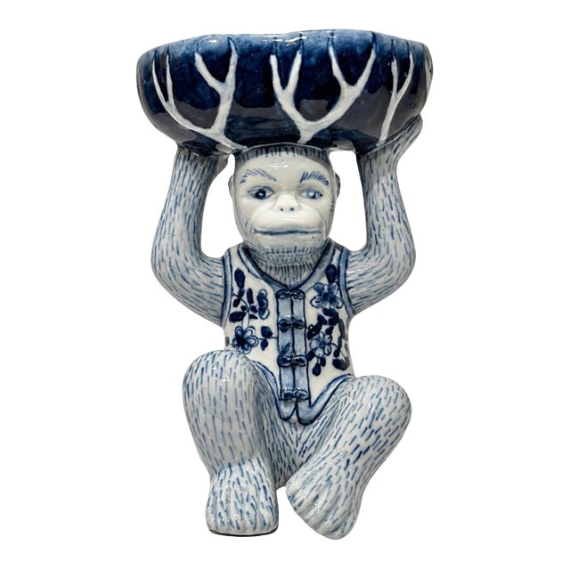 Vintage Blue White Floral Chinoiserie Monkey Bowl For Sale