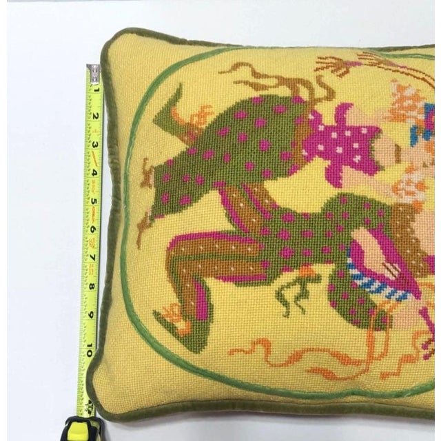 Yellow Vintage Handmade Needlepoint Pillow in Yellow with Victorian Green Jesters For Sale - Image 8 of 9