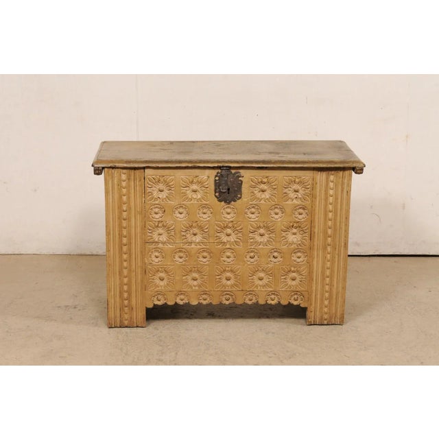 Wood Early 20th Century Spanish Antique Small Wooden Desk W/Unique Carved "Trunk" Appearance From Front For Sale - Image 7 of 11