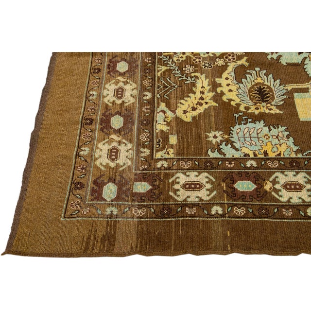 Mid-Centruy Transitional Style Handmade Floral Brown Wool Rug For Sale - Image 4 of 8