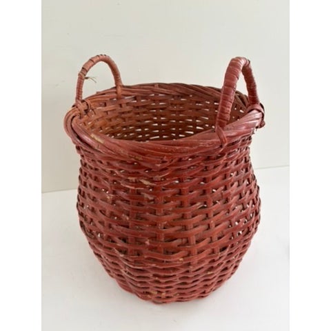 Details Antique handwoven splint basket made from flat wooden splints, likely ash or oak. Traditional utilitarian form...